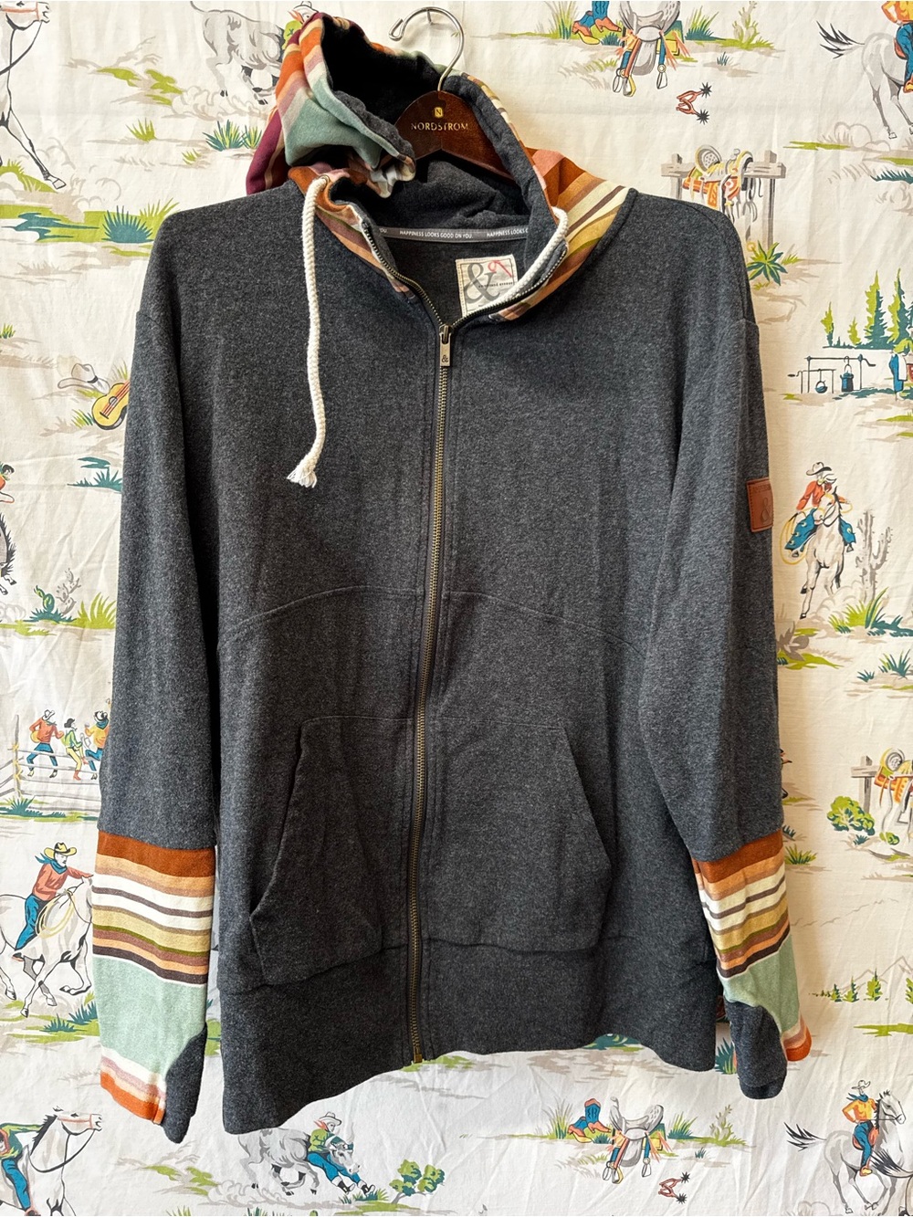 AMPERSAND AVE Charcoal Zip Hoodie with Multicolor Striped Accents size XL